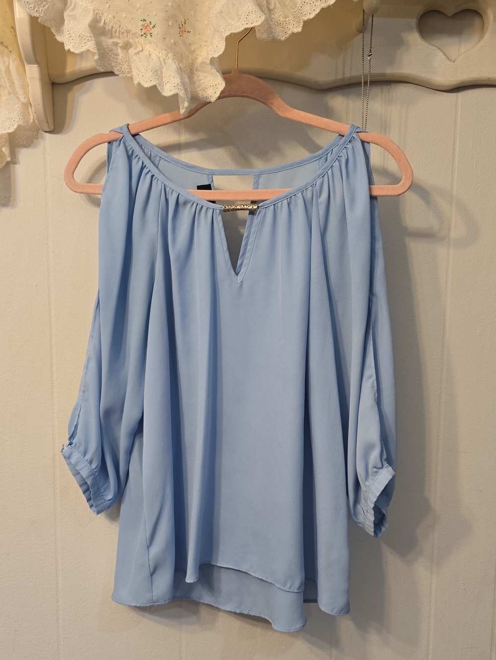 A. Byer Light Blue Cold-Shoulder Blouse